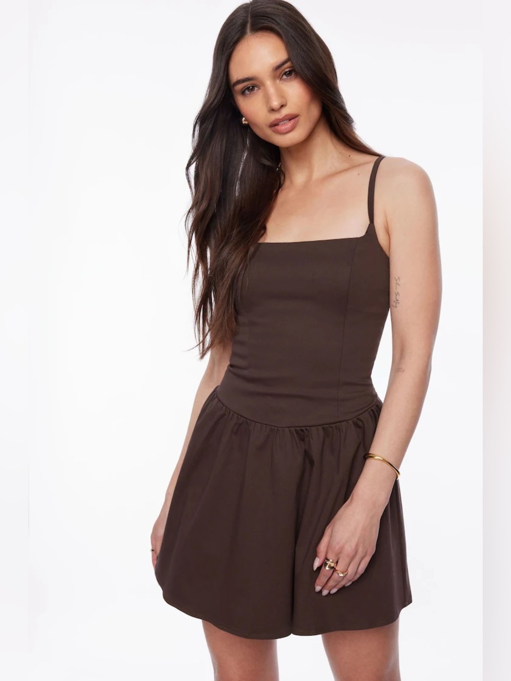 Dynamite Chocolate Brown Flare Mini Dress - Wedding Guest Cocktail Dress - XS
